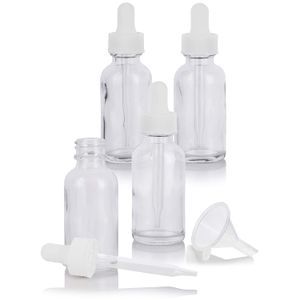 1 oz Boston de vidrio transparente redondo blanco cuentagotas de (paquete de 4) + embudo y etiquetas para aceites esenciales, aromaterapia, e-liquid,