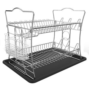 Set de estante secador de platos con acabado cromado de 2 niveles IZLIF y escurridor con sostenedor de utensilios desmontables, color blanco