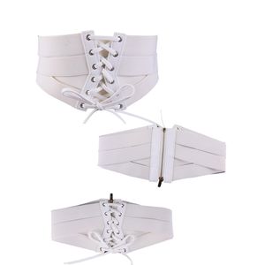 Yoli Mujer Elástico Banda Ancha Con Cordones Waspie corsé cinturón de la cintura Cinch, M, Blanco