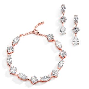 Mariell CZ Juego de pulsera y pendientes para novia, oro rosa conjunto de joyas con pulsera ajustable para damas de honor