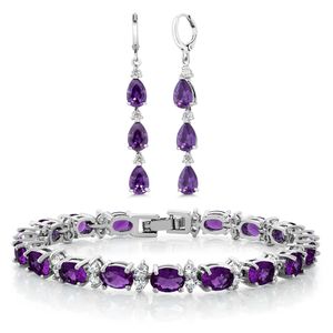 7" púrpura & blanco CZ pulsera Set con Matching 2" forma de pera Dangle Earrings