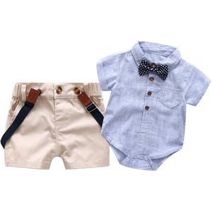 Conjunto de ropa para bebé de manga corta para caballero, camisa azul para bebés, pantalones con babero y mono de corbata