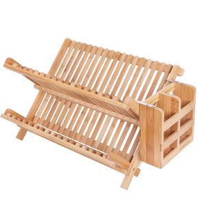 hblife Dish Rack, hblife bambú plegable escurridor (2 estantes plegable Dish Rack de secado con utensilios cubiertes Holder Set