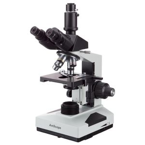 AmScope T490B Microscopio trinocular compuesto, ampliación de 40X-2000X, luz halógena, condensador Abbe, mesa mecánica de 2 capas, óptica de alta reso
