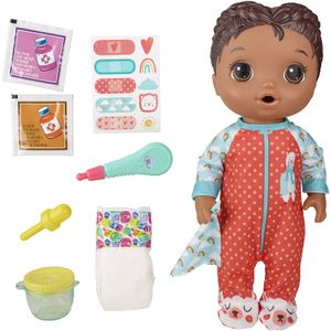 Baby Alive Mix My Medicine Baby Doll, Llama Pijamas, Bebidas y Húmedos, Accesorios médicos, Juguete de pelo negro para niños a partir de 3 años