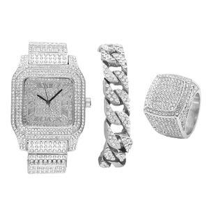 Diamantes brillando en todas partes con este juego de 3 piezas Hip Hop Ice Watch pulsera y anillo cubano – 0513Silver 3 piezas