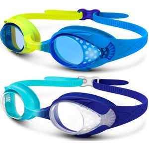 OutdoorMaster - Gafas de natación para niños (antigoteo, inastillable, antiniebla, lentes 100% de protección UV y correa de ajuste rápido, 2 unidades)