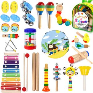 MAXZONE Instrumentos musicales para niños, 30 unidades, 17 tipos, instrumentos de madera, pandereta, juguetes para niños y niños, juguetes musicales d