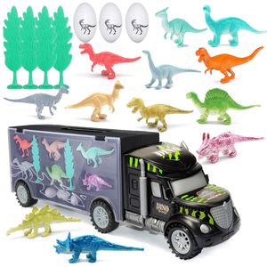 LGCCC Dinosaurios Juguetes Transporte Monstruo Camión con 12 piezas Dinosaurios de plástico para niños con ranuras de almacenamiento portátiles en amb