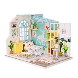Spilay DIY Miniature Dollhouse Wooden Furniture Kit,Handmade Mini Modern Model Plus with Dust Cover,1:24 Scale Creative Doll House Toys for Children L