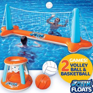 Juego de flotador hinchable para piscina, red de voleibol y aros de baloncesto; pelotas incluidas para niños y adultos, juguete de natación, flotante,