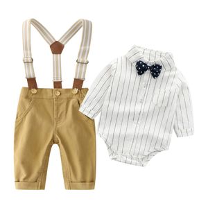 Conjunto de ropa de bebé para caballero, camisa de manga larga para bebés+pantalones babero+pajarita