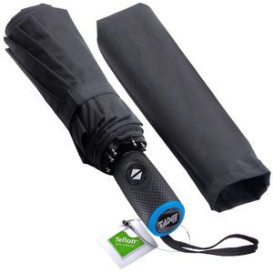 Tadge Goods Windproof Travel Umbrella with Automatic Open/Close (Black) Rain Resistant Canopy with Teflon Coating | Wind Proof Durability | Includes C
