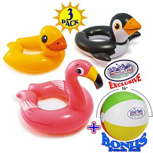 Intex - Set de regalo de flotadores de piscina, flamencos y pingüinos con bono de matty Toy Stop de 16.0 in, bola de playa – 3 unidades