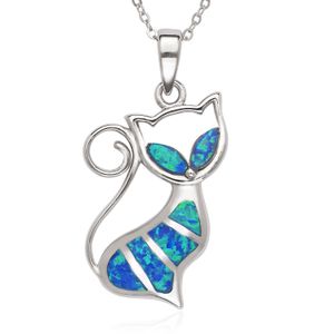 Collar con colgante de gato de ópalo blanco o azul chapado en plata de ley y oro rosa de 17.7 in