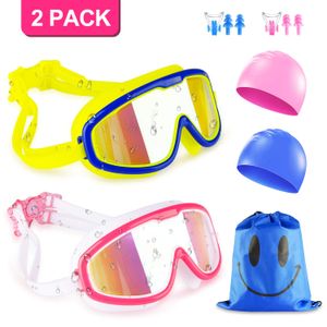 KAQINU - Gafas de natación para niños (2 unidades, antifugas, protección UV, con gorros de natación, clips para la nariz, tapones para los oídos y bol