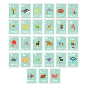 Español alfabeto pared Tarjetas, azul naturaleza, Kid 's pared arte, guardería, decoración, Kid' s Room Decor, tipo de género neutro Nursery Decor, Az