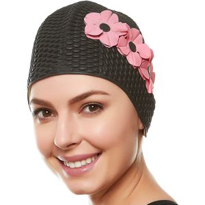 TOCcover TOC-08895 gorros de natación para mujer y niñas – estilo Retro burbuja gorro de natación de crepé con 3 flores de látex para largo/de pelo co