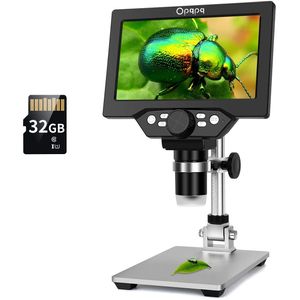 Microscopio digital LCD de 7 pulgadas con tarjeta TF de 32 GB, microscopio de 1 a 1200 X de aumento de 1080 P, cámara de microscopio USB de 12 MP con