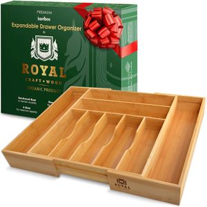Organizador de cajones de cocina de bambú – Organizador de cubiertos expandible/soporte para utensilios y bandeja de cubiertos con separadores de cajo
