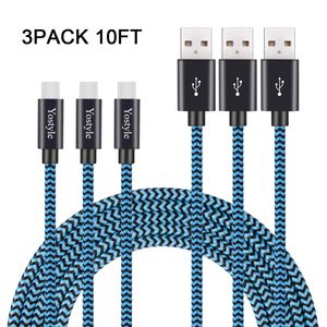 Yostyle - Cable de carga rápida USB C (3 unidades, 10 pies, nailon trenzado extra largo, USB A a USB C, cable de carga y sincronización de datos para
